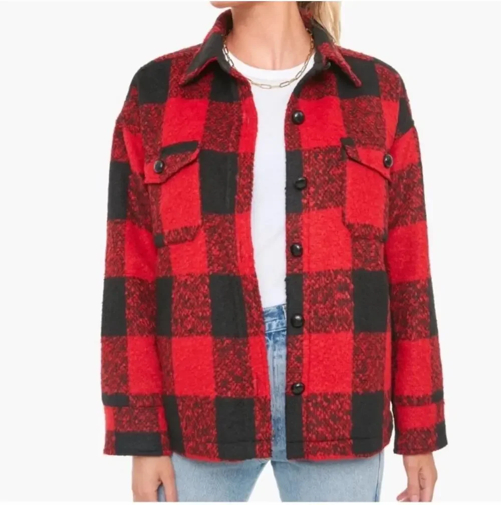 Pomander Place Shirt Jacket Womens XS Red Black Austen Buffalo Check Plaid Wool
